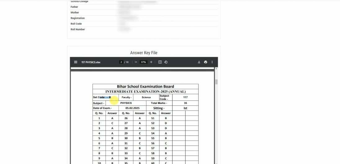 Bihar Board 10th Answer Key 2025